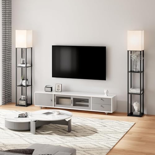 HOMIFLY 4 Tier Metal Floor Lamp with Wooden Shelves/Square Lamp with 3 Adjustable Color Mode/Corner Display Book & Vase Shelf/Standing Night Lamps for Living-Study Room/Bedroom/Home Decor(Black) - Image 2