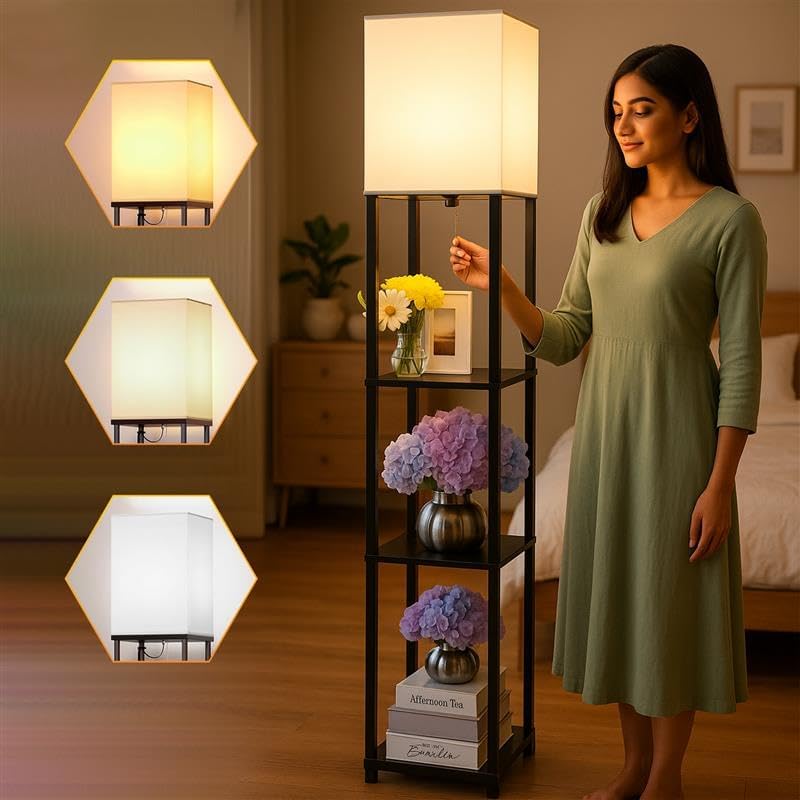 HOMIFLY 4 Tier Metal Floor Lamp with Wooden Shelves/Square Lamp with 3 Adjustable Color Mode/Corner Display Book & Vase Shelf/Standing Night Lamps for Living-Study Room/Bedroom/Home Decor(Black) - Image 1