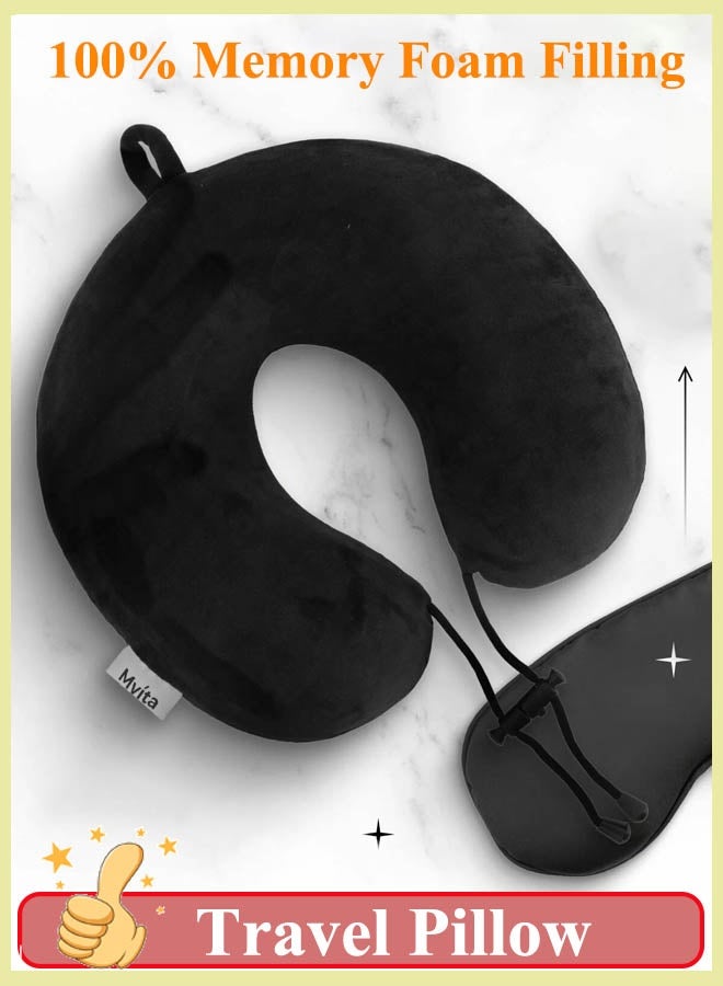 Travel Pillow 100% Memory Foam Pillow, Soft Airplane Travel Pillow with 360° Head Support, Lightweight Quick Pack for Airplane Train Car Bus, Black  - Image 1