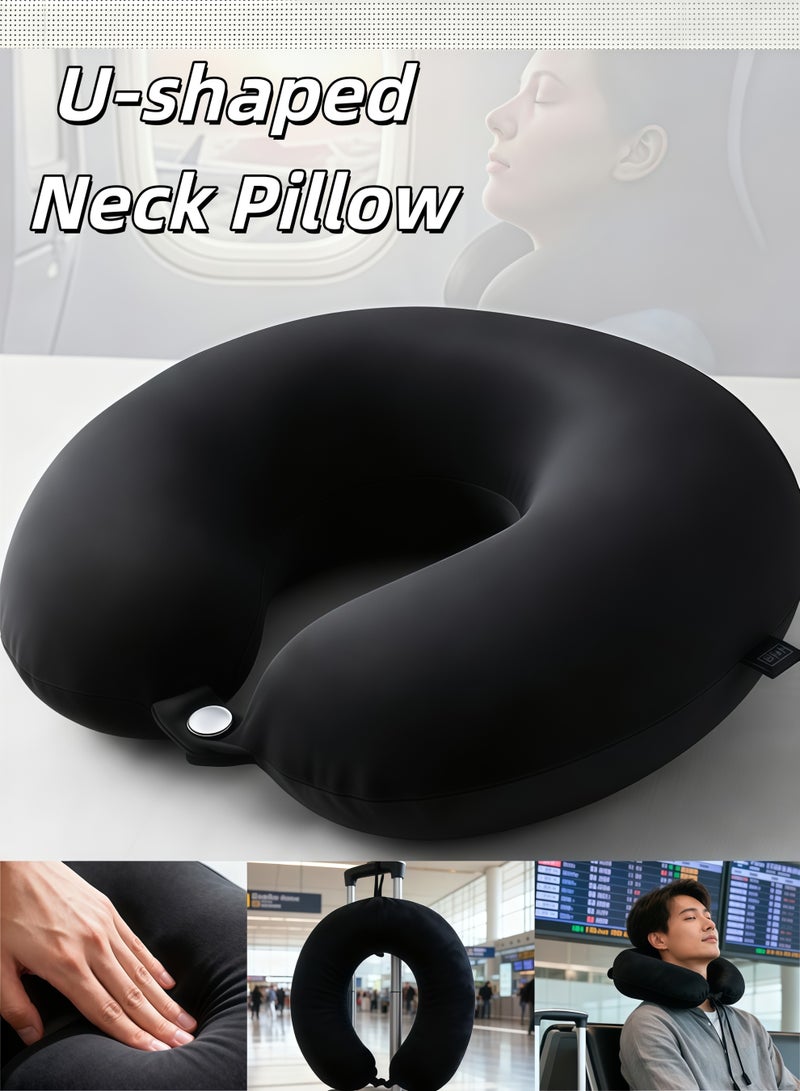 شو وو وسادة سفر، وسادة رقبة على شكل حرف U، وسادة من إسفنج الذاكرة بنسبة 100%، وسادة سفر ناعمة للطائرة مع دعم للرأس بزاوية 360 درجة، خفيفة الوزن وسريعة الارتداء للطائرة والقطار والسيارة والحافلة، للنوم ودعم الرقبة (أسود) - Image 1