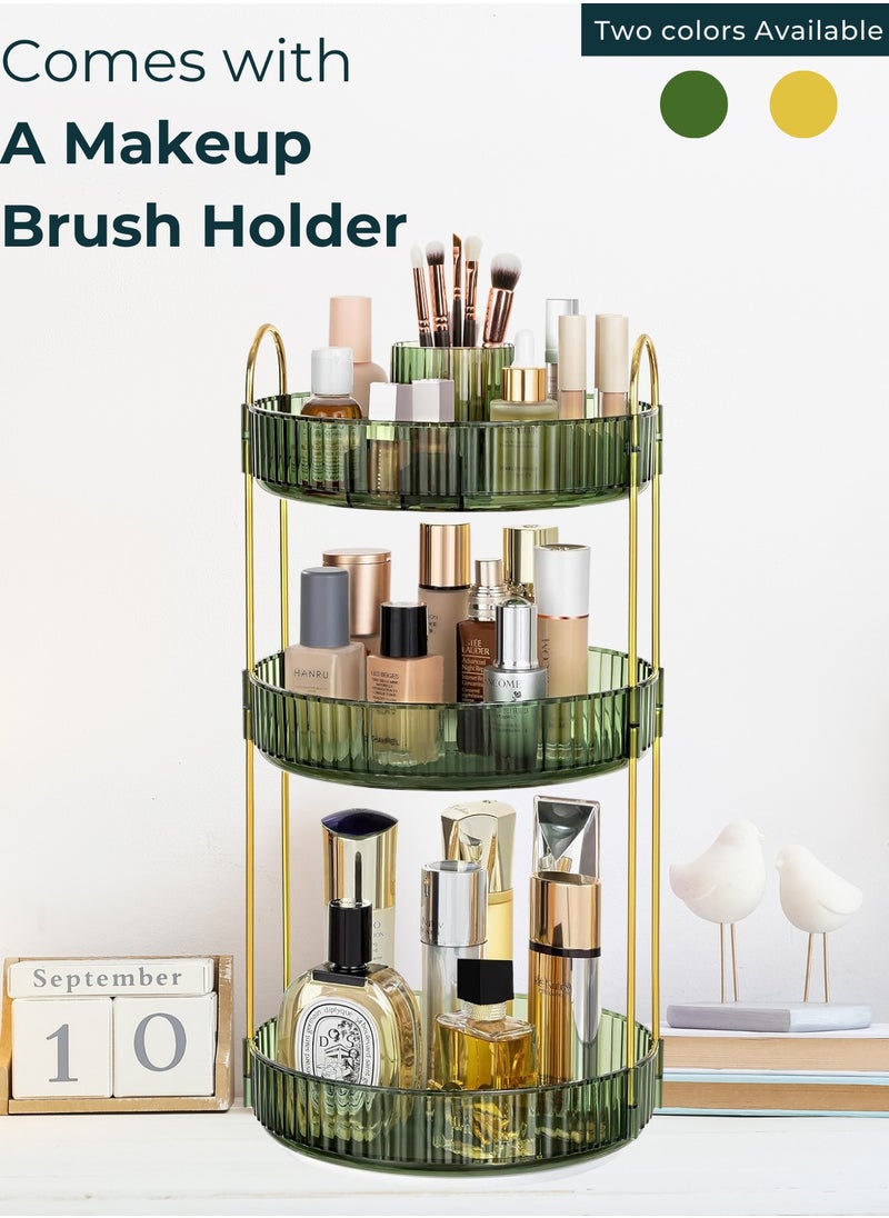 Sortify - Rotating Makeup Organizer with Makeup Brush Holder, Save 80% of Vanity Space with Luxury Cosmetic Organizer 3 Tier, 360° Spinning Lazy Susan Skincare Stand, Green 47x23x23cm - Image 1