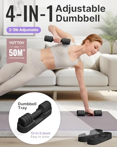 YOTTOY Adjustable Dumbbell Set of 2, 4-in-1 Hand Weights for Women at Home, Compact Free Weights Dumbbells Set with Soft Grip and Base, 2-5 lbs Each for Home Gym (Black) - Image 2