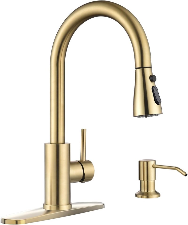 APPASO Gold Kitchen Faucet with Soap Dispenser, S304 Stainless Steel Single Handle Sink Faucets with Pull Down Sprayer 3 Modes, Modern High Arch with Deck Plate for 1 to 4 Hole Bar Farmhouse Laundry - Image 1