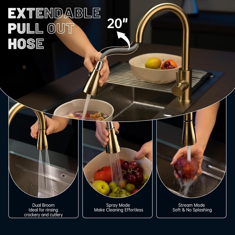 APPASO Gold Kitchen Faucet with Soap Dispenser, S304 Stainless Steel Single Handle Sink Faucets with Pull Down Sprayer 3 Modes, Modern High Arch with Deck Plate for 1 to 4 Hole Bar Farmhouse Laundry - Image 2
