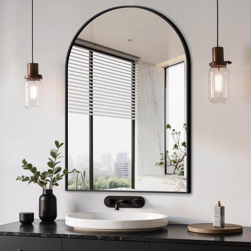 Delma Arched Bathroom Mirror, 24"x36" Wall Mounted Vanity Mirror for Bedroom, Living Room and Entryway, Black - Image 1