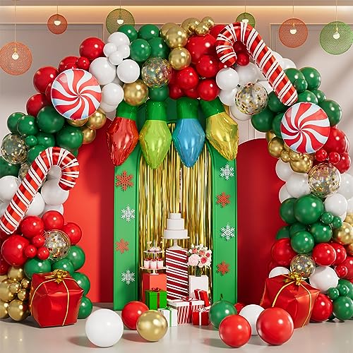 Grcypa 145Pcs Christmas Balloon Garland Arch Kit with Xmas Red White Green Gold Confetti Balloons Light Bulb Candy Cane Gift Box Foil Balloons for Christmas Party Decorations New Year Party Supplies - Image 1