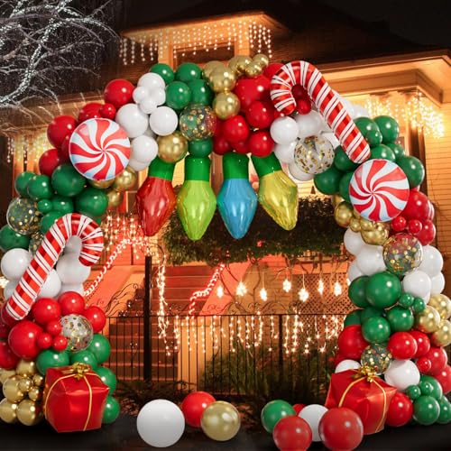 Grcypa 145Pcs Christmas Balloon Garland Arch Kit with Xmas Red White Green Gold Confetti Balloons Light Bulb Candy Cane Gift Box Foil Balloons for Christmas Party Decorations New Year Party Supplies - Image 5