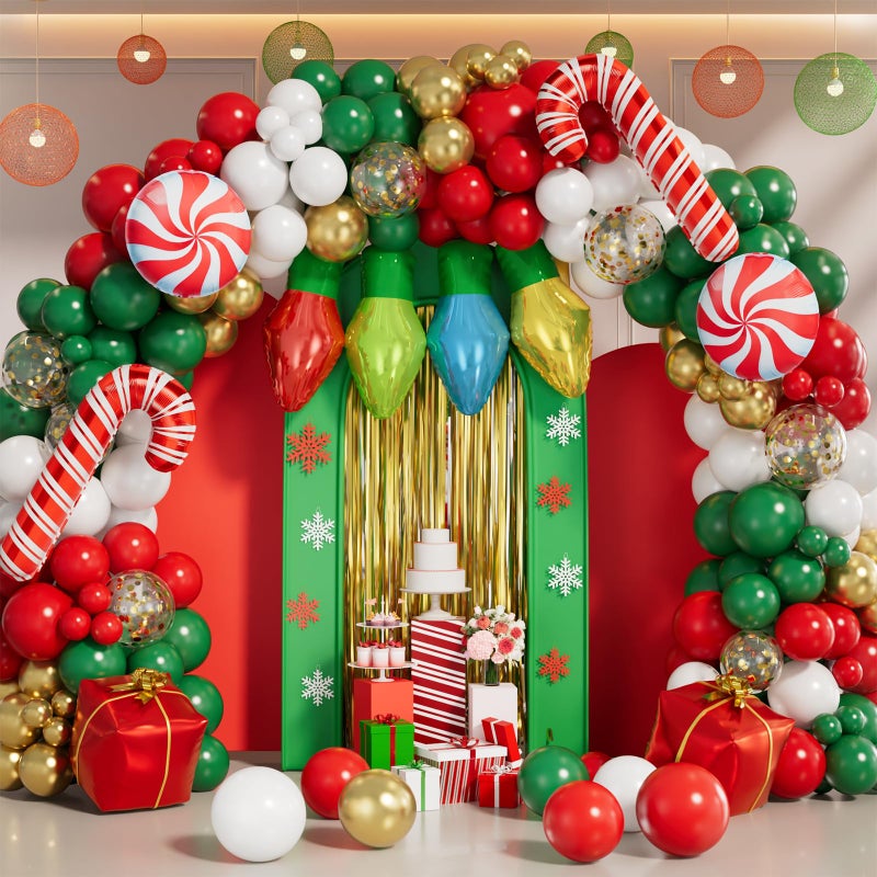 Grcypa 145Pcs Christmas Balloon Garland Arch Kit with Xmas Red White Green Gold Confetti Balloons Light Bulb Candy Cane Gift Box Foil Balloons for Christmas Party Decorations New Year Party Supplies - Image 3