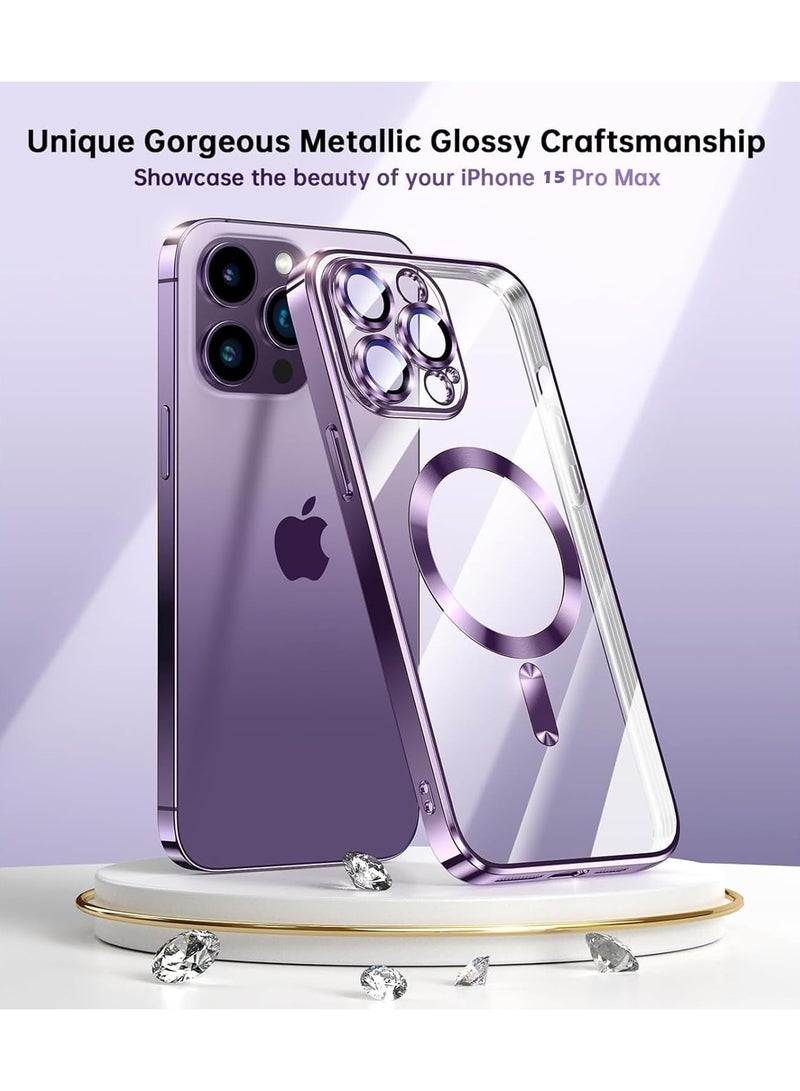 ELTRAZONE Magnetic Clear Case for iPhone 15 Pro Max Case [Compatible with MagSafe] [with Camera Lens Protector] Luxury Plating Soft TPU Shockproof Anti-Scratch Phone Case for Women & Men (Purple) - Image 3