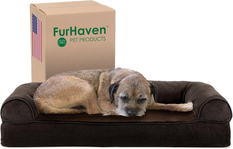 Furhaven Pet Dog Bed | Cooling Gel Memory Foam Faux Fleece & Chenille Soft Woven Traditional Sofa-Style Living Room Couch Pet Bed w/Removable Cover for Dogs & Cats, Coffee, Medium - Image 1