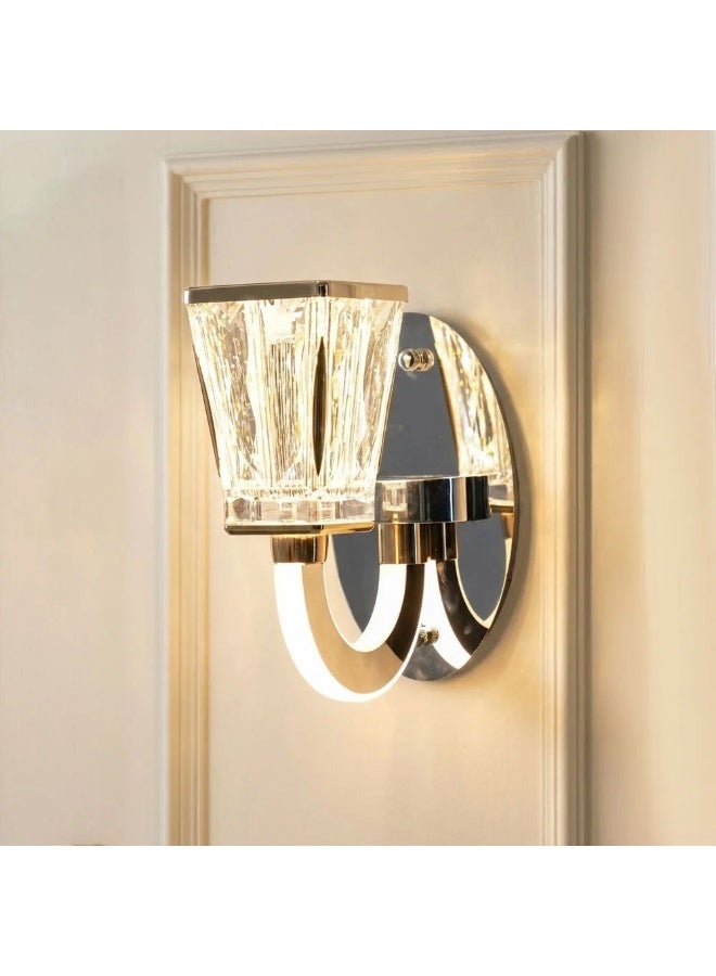 DANUBE HOME مصباح حائط كريستالي حديث LED من كازابلانكا 3 ألوان قابل للتعتيم إضاءة داخلية معاصرة مصابيح حائط مثبتة على الحائط فوانيس مدمجة بتصميم حديث إضاءة داخلية L27xW27xH25cm-كروم - Image 2