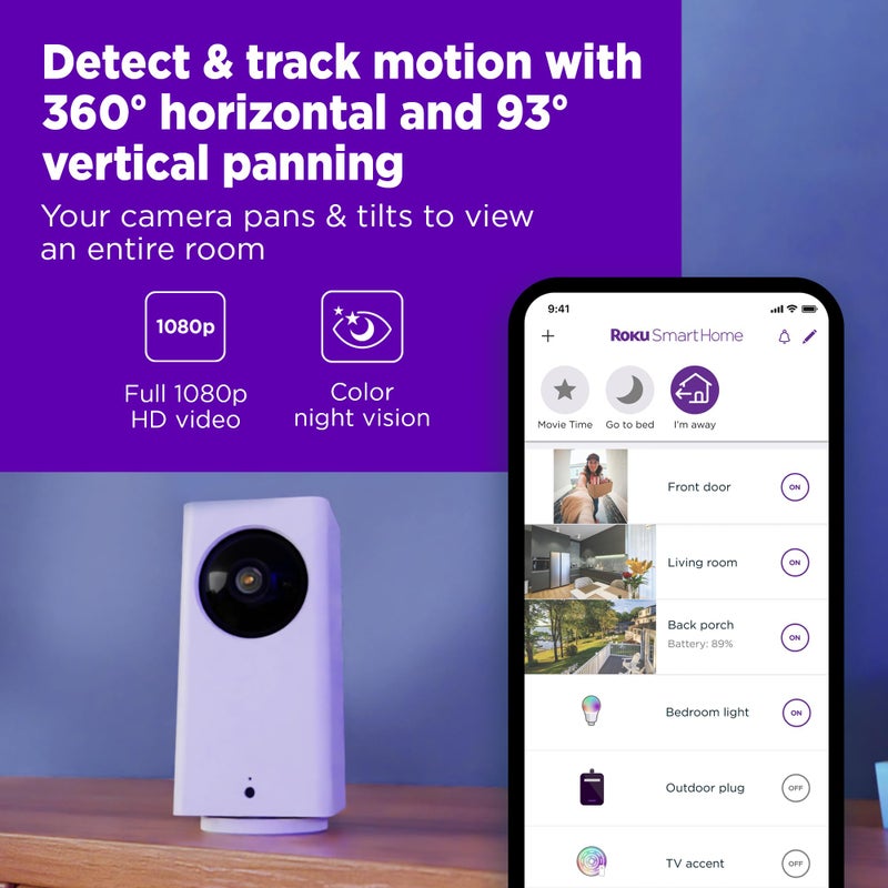 Roku Indoor Camera 360Â° for Home Security - Security Camera with 1080p HD Color Night Vision, Works with Alexa & Google, Motion Detection & Tracking - Pan & Tilt - 90-Day Subscription Included - Image 2