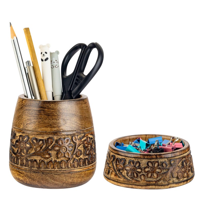 Mie Creations Wooden Desk Organizer Set of 2 Pen Holder, Paper Clip Storage, Office Desktop Table Decor, Floral Rustic Wood Pencil Cup & Paperclips Dispenser, Aesthetic Desk Accessories For Women, Men - Image 1