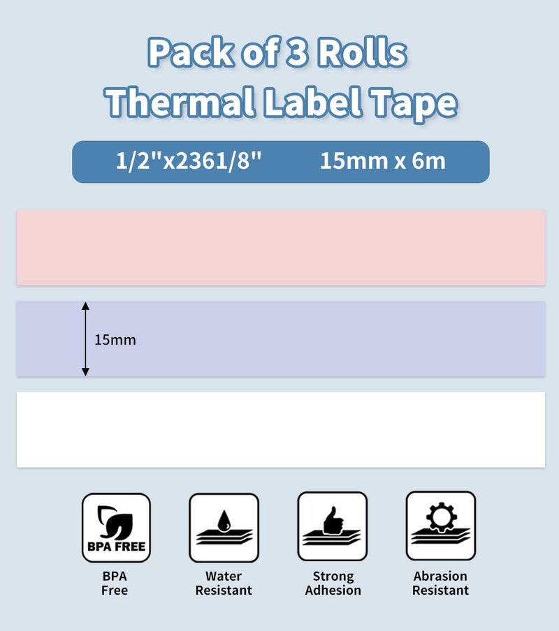 Phomemo D30 Continuous Labels, D35 Q30 Q31 Q32 Q30S Long Label Tape, Black on Lavender, White, Pink Long Sticker Thermal Paper Self-Adhesive D30 Label Tape, 15 x 6m (19/32 x 2367/32) Long Tape, 3-Roll - Image 2