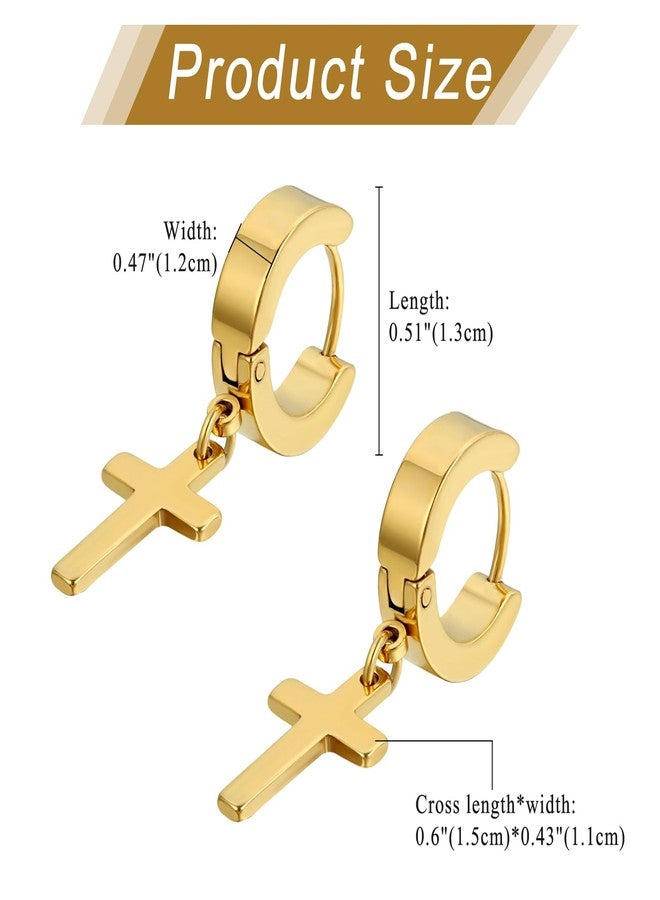 Cupimatch 3-6 Pairs Stainless Steel Cross Dangle Huggie Hinged Hoop Earrings for Men Women (1 Pair Gold Cross) for Mother's Day - Image 2