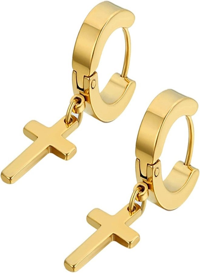 Cupimatch 3-6 Pairs Stainless Steel Cross Dangle Huggie Hinged Hoop Earrings for Men Women (1 Pair Gold Cross) for Mother's Day - Image 1
