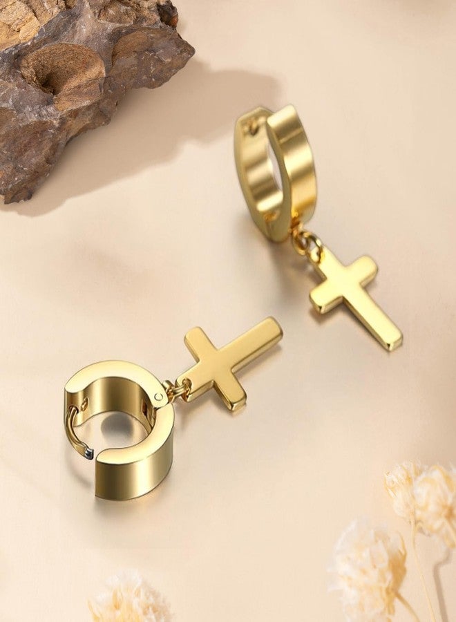 Cupimatch 3-6 Pairs Stainless Steel Cross Dangle Huggie Hinged Hoop Earrings for Men Women (1 Pair Gold Cross) for Mother's Day - Image 5