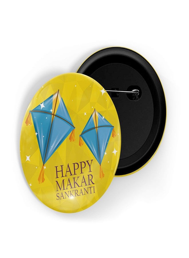 dhcrafts Pin Badges Yellow Makar Sankranti D3 Glossy Finish Design Pack of 1 - Image 1