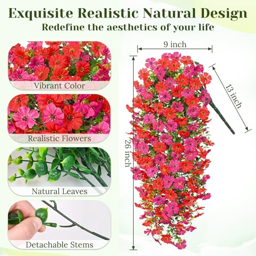 Dolicer 2 Pcs Look Real Artificial Flowers for Outdoors, Realistic Fake Artificial Hanging Flowers for Outdoors UV Resistant Silk Faux Hanging Plants Flowers for Porch Patio Garden(Red+Fuchsia) - Image 5
