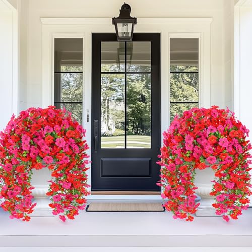 Dolicer 2 Pcs Look Real Artificial Flowers for Outdoors, Realistic Fake Artificial Hanging Flowers for Outdoors UV Resistant Silk Faux Hanging Plants Flowers for Porch Patio Garden(Red+Fuchsia) - Image 2
