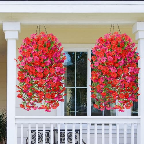 Dolicer 2 Pcs Look Real Artificial Flowers for Outdoors, Realistic Fake Artificial Hanging Flowers for Outdoors UV Resistant Silk Faux Hanging Plants Flowers for Porch Patio Garden(Red+Fuchsia) - Image 3