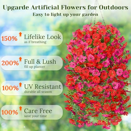 Dolicer 2 Pcs Look Real Artificial Flowers for Outdoors, Realistic Fake Artificial Hanging Flowers for Outdoors UV Resistant Silk Faux Hanging Plants Flowers for Porch Patio Garden(Red+Fuchsia) - Image 4
