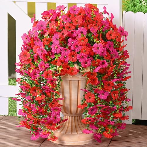 Dolicer 2 Pcs Look Real Artificial Flowers for Outdoors, Realistic Fake Artificial Hanging Flowers for Outdoors UV Resistant Silk Faux Hanging Plants Flowers for Porch Patio Garden(Red+Fuchsia) - Image 1