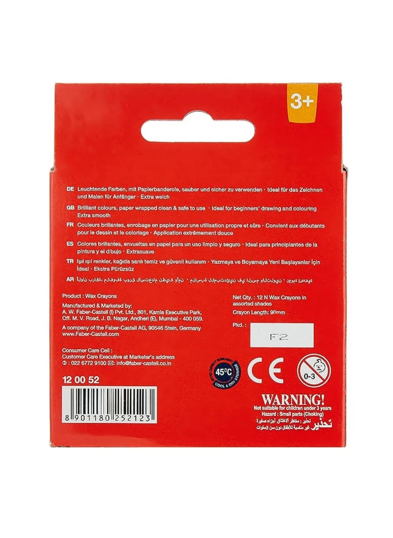 Faber Castell WAX CRAYON 12 Color Round 90Mm, ASSORTED