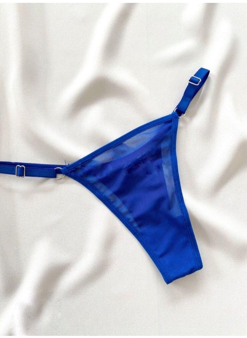 La Linaa Women's Saxe Blue Tulle Thong Panty Bra Set  - Image 2
