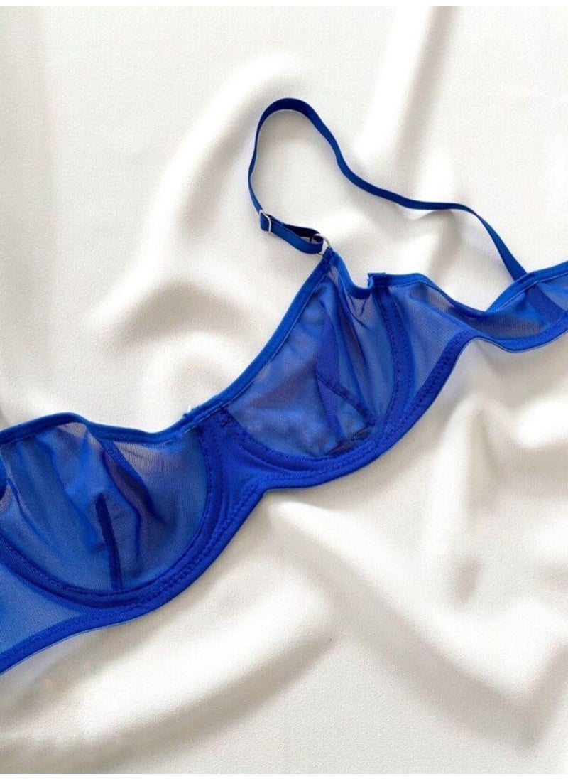 La Linaa Women's Saxe Blue Tulle Thong Panty Bra Set  - Image 3