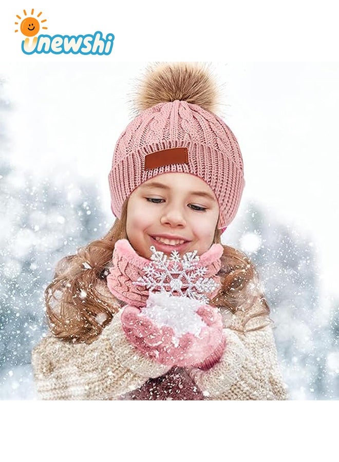 أخبار مجموعة قبعة شتوية للأطفال من عمر سنتين إلى ست سنوات، قفازات ووشاح وقبعة محبوكة شتوية دافئة للرقبة مبطنة بالصوف، لون وردي فاتح - Image 5