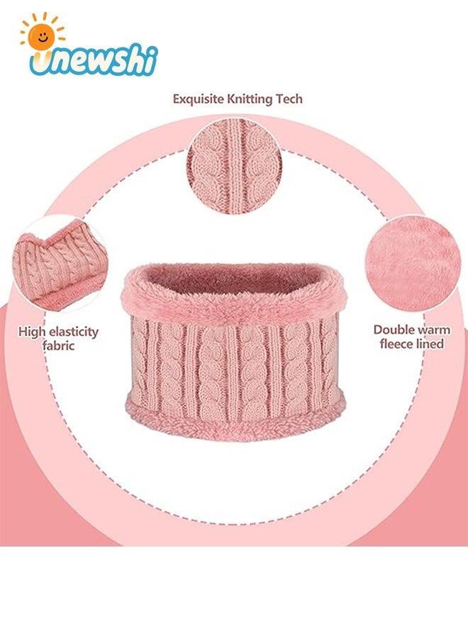 أخبار مجموعة قبعة شتوية للأطفال من عمر سنتين إلى ست سنوات، قفازات ووشاح وقبعة محبوكة شتوية دافئة للرقبة مبطنة بالصوف، لون وردي فاتح - Image 2