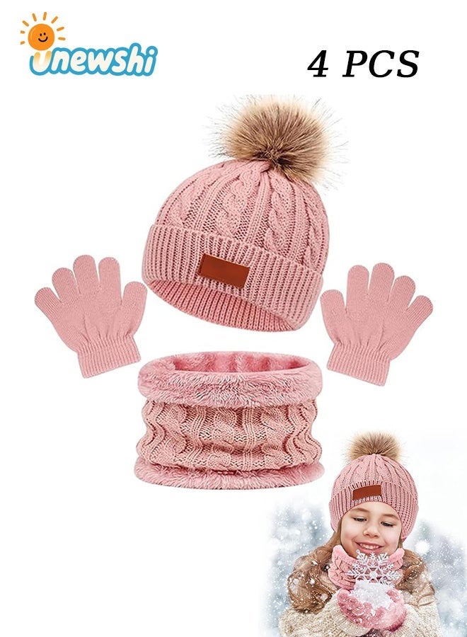 أخبار مجموعة قبعة شتوية للأطفال من عمر سنتين إلى ست سنوات، قفازات ووشاح وقبعة محبوكة شتوية دافئة للرقبة مبطنة بالصوف، لون وردي فاتح - Image 1