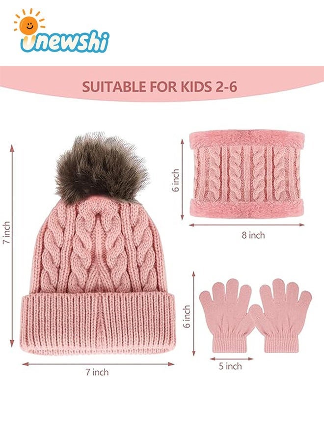 أخبار مجموعة قبعة شتوية للأطفال من عمر سنتين إلى ست سنوات، قفازات ووشاح وقبعة محبوكة شتوية دافئة للرقبة مبطنة بالصوف، لون وردي فاتح - Image 4