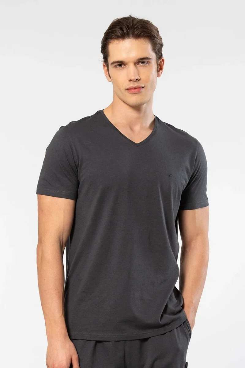cacharel 2170 Men's Modal Cotton V-Neck Short Sleeve T-Shirt-Anthracite