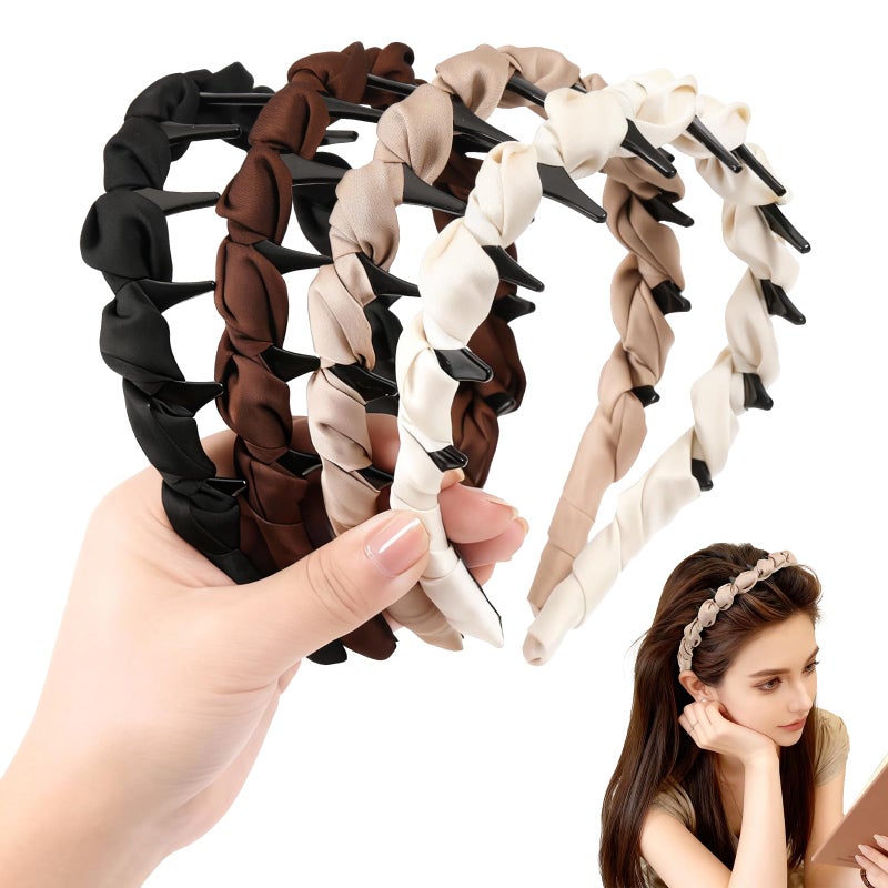 Auseibeely 4 Pcs High Cranium Headbands for Women Girls - Non Slip Zig Zag Headband with Teeth - Retro Plastic Satin Braided Comb Headband Fashion Accessories for High Skull - Ideal Gifts for Women - Image 1
