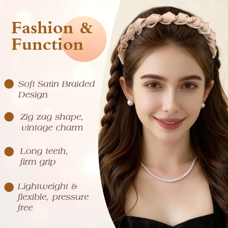 Auseibeely 4 Pcs High Cranium Headbands for Women Girls - Non Slip Zig Zag Headband with Teeth - Retro Plastic Satin Braided Comb Headband Fashion Accessories for High Skull - Ideal Gifts for Women - Image 3