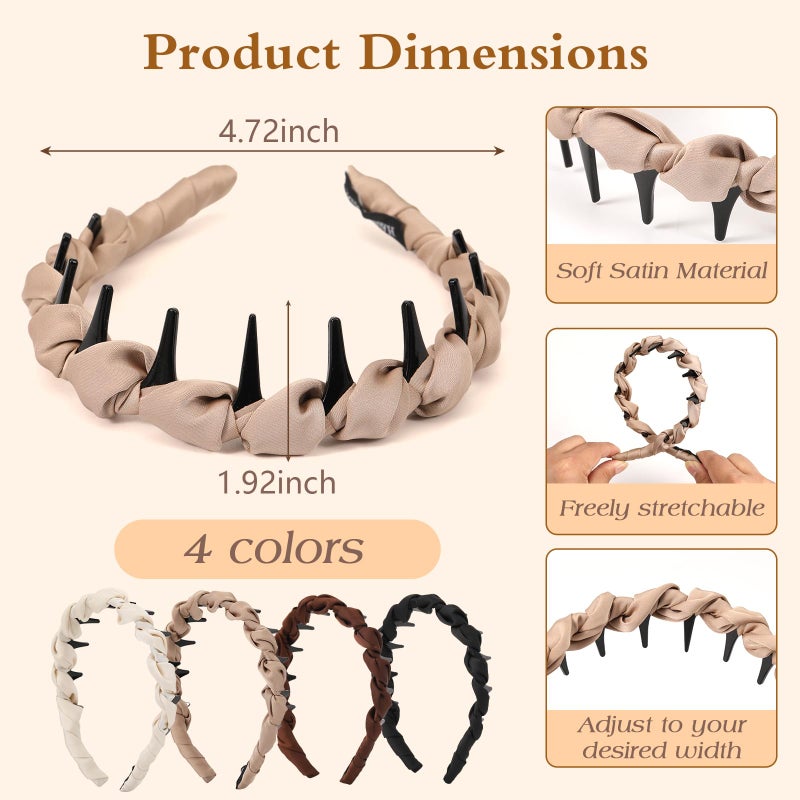 Auseibeely 4 Pcs High Cranium Headbands for Women Girls - Non Slip Zig Zag Headband with Teeth - Retro Plastic Satin Braided Comb Headband Fashion Accessories for High Skull - Ideal Gifts for Women - Image 2