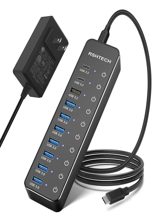 RSHTECH USB 3.2/USB C Hub, 10-Port, 60W, 10Gbps USB-A 3.2, 2 USB-C 3.2, 7 USB 3.0 Ports, Individual Touch Switches, 3.3ft (1m) Cable, Hybrid USB Splitter for Laptop/PC - Image 1