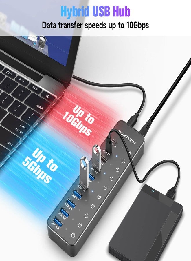 RSHTECH USB 3.2/USB C Hub, 10-Port, 60W, 10Gbps USB-A 3.2, 2 USB-C 3.2, 7 USB 3.0 Ports, Individual Touch Switches, 3.3ft (1m) Cable, Hybrid USB Splitter for Laptop/PC - Image 3