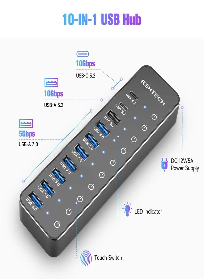 RSHTECH USB 3.2/USB C Hub, 10-Port, 60W, 10Gbps USB-A 3.2, 2 USB-C 3.2, 7 USB 3.0 Ports, Individual Touch Switches, 3.3ft (1m) Cable, Hybrid USB Splitter for Laptop/PC - Image 2