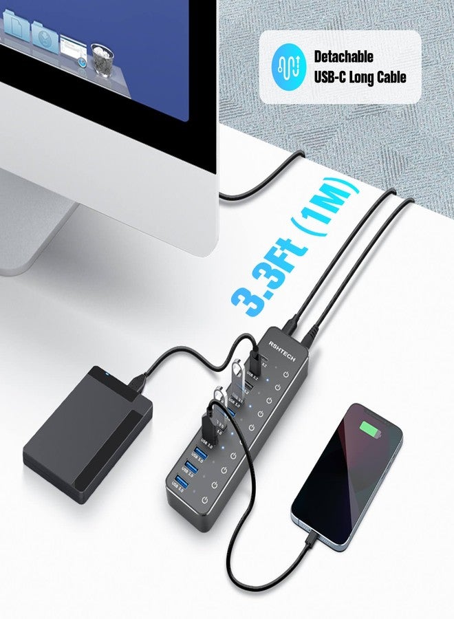 RSHTECH USB 3.2/USB C Hub, 10-Port, 60W, 10Gbps USB-A 3.2, 2 USB-C 3.2, 7 USB 3.0 Ports, Individual Touch Switches, 3.3ft (1m) Cable, Hybrid USB Splitter for Laptop/PC - Image 5