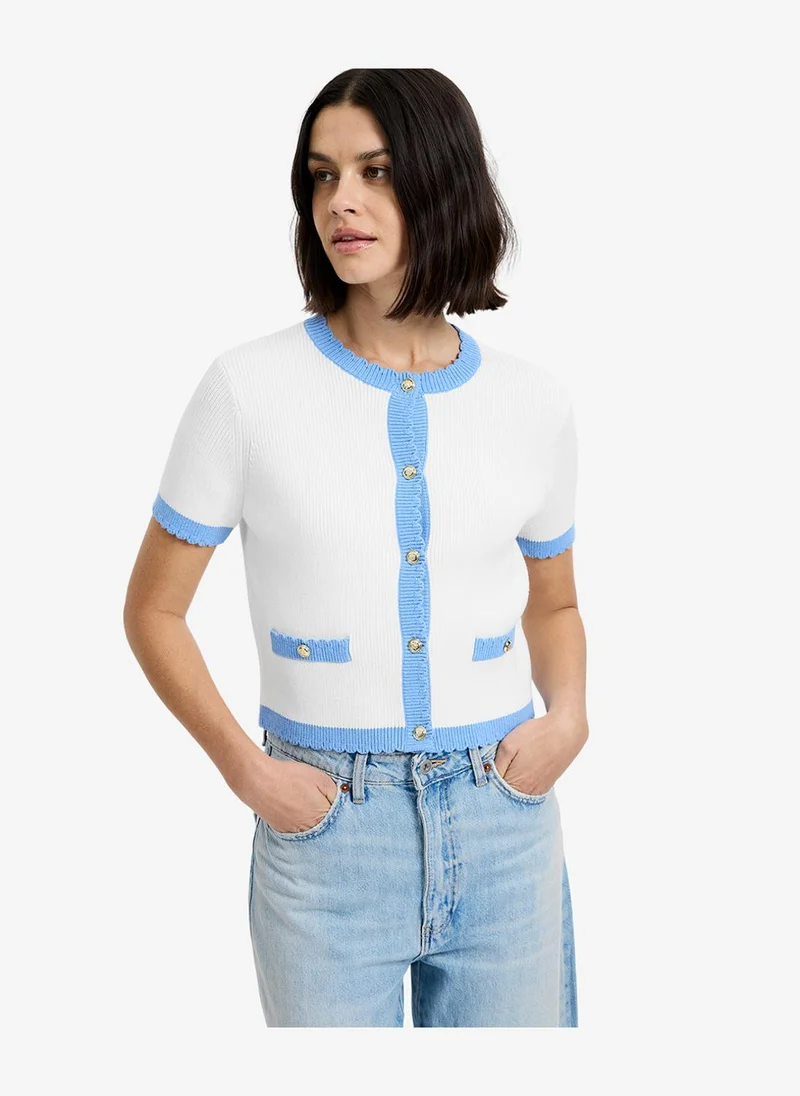 French Connection Women's Summer White-Blue Hy Bennet Rib Knit Ss Top