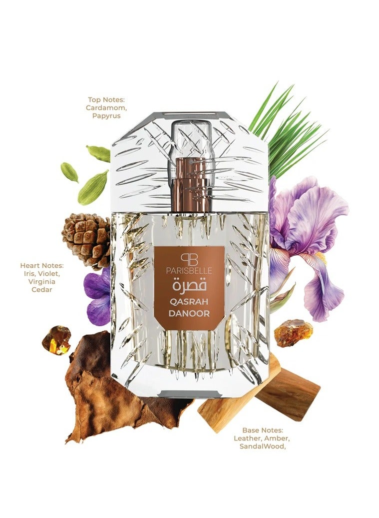 Parisbelle Qasrah DANOOR Eau de Parfum Unisex 100ml | Long Lasting Spicy Woody Leather Fragrance | Cardamom Iris Cedar Sandalwood Amber Luxury Perfume for Men & Women - Image 3