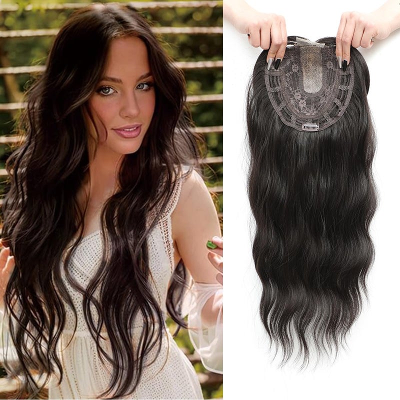 PANEWAY Hair Toppers For Women 20inch Long Wavy Curly Hair Topper Darkest Brown Clip In Synthetic Wiglets Hair Pieces For Women