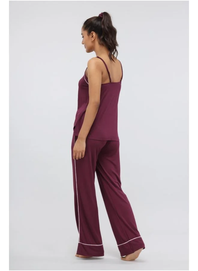 نسيسير Wine Piping Modal Pajama Set with Tank Top