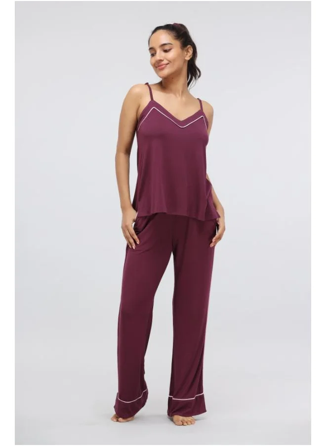 نسيسير Wine Piping Modal Pajama Set with Tank Top