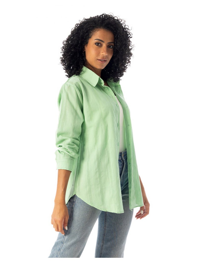 Andora Turn Down Collar Slip On Plain Cotton Shirt - Light Green - Image 2