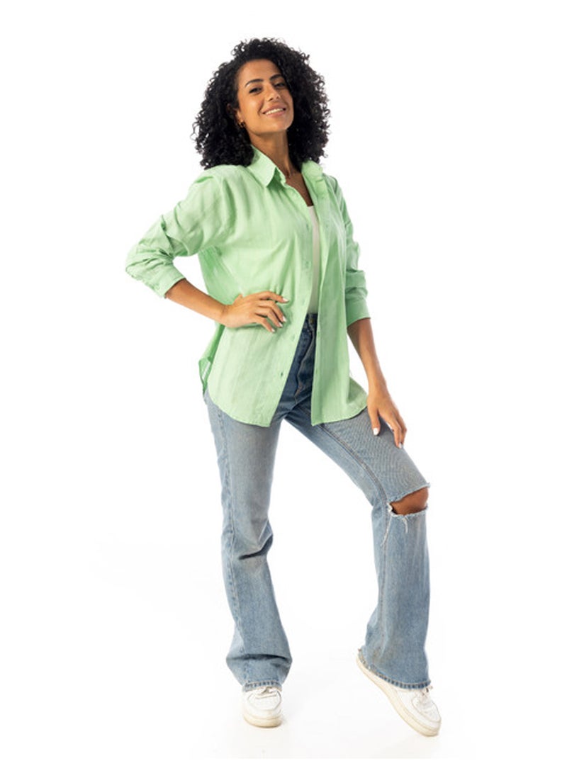 Andora Turn Down Collar Slip On Plain Cotton Shirt - Light Green - Image 4