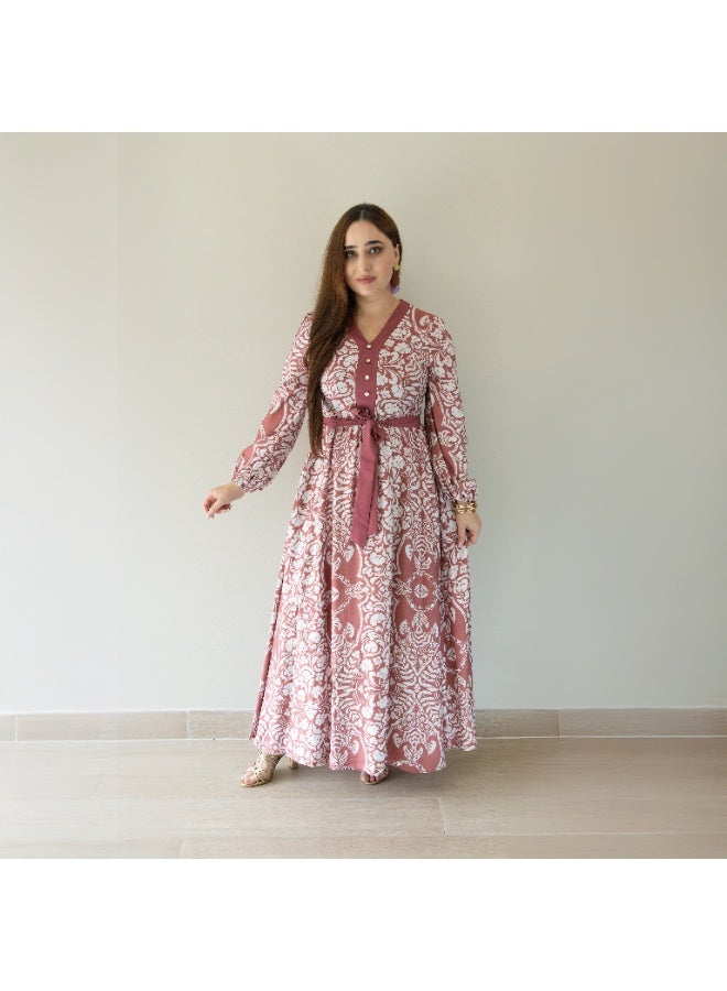 لـيـنـيـل فستان لينيل النسائي الكاجوال - فستان ماكسي مطبوع من مزيج الرايون مع حزام وتفاصيل أزرار، LCD6731 - Image 1